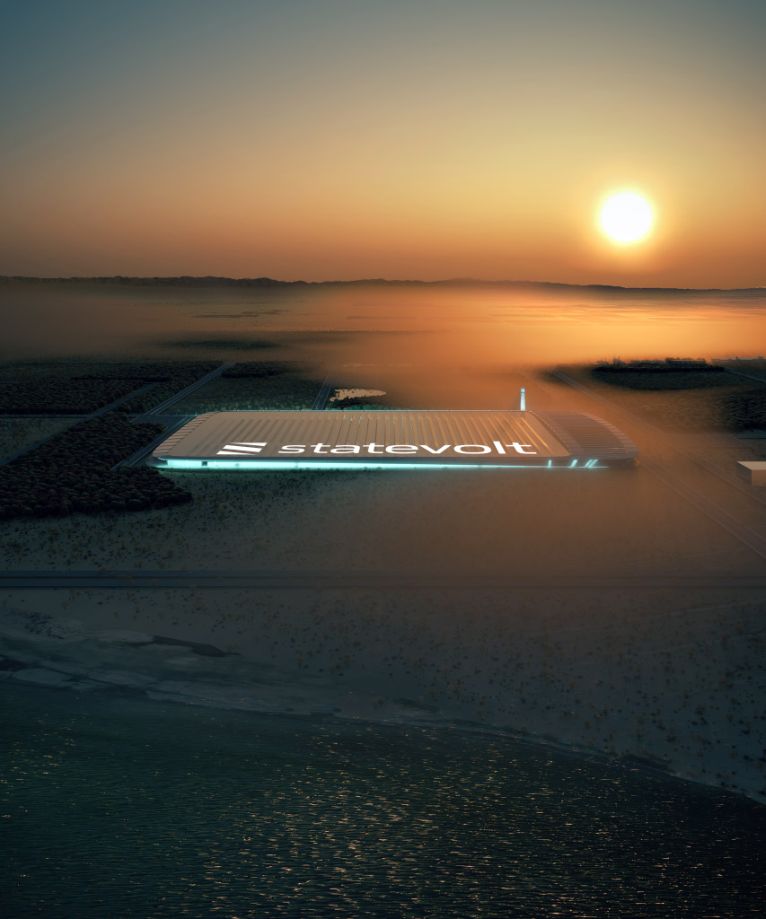 Statevolt logo on the ground in front of a dramatic sunset landscape