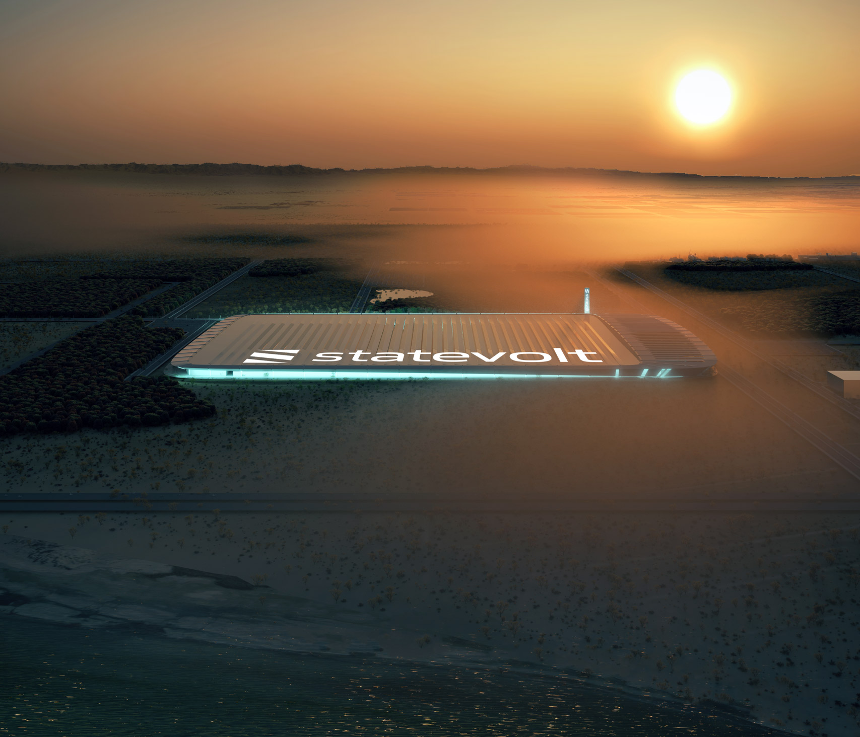 Statevolt logo on the ground in front of a dramatic sunset landscape